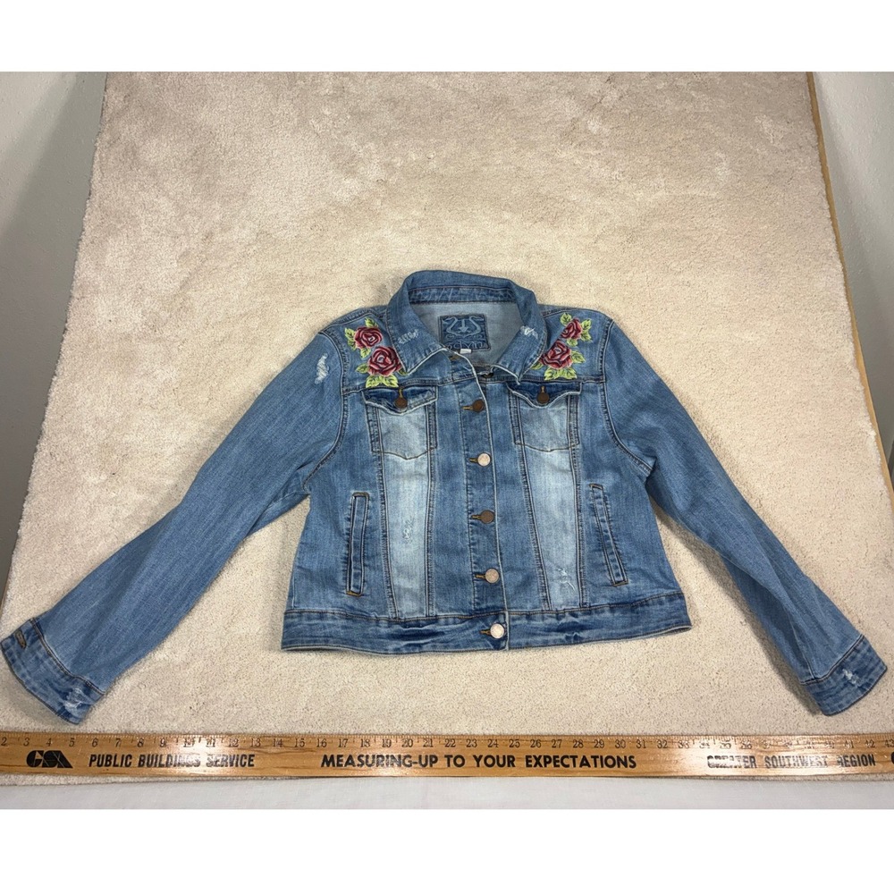 Rare Vintage Odyn Womens XL Floral Embroidered Denim Jacket Distressed